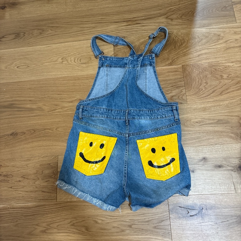 Womens Denim Overalls with Yellow Smiley Pockets - Size M
